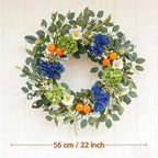 Idyllic 22 Inch Spring Wreath Blue Green Hydrangea with Orange Berries White Flowers Front Door Window Mantel Wedding Home Decor