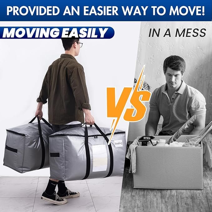 TAILI Extra Large Moving Bags, 10 Pack Silver Heavy Duty Totes for Storage with Visible Window, Wrap Around Handles, Storage Bags for Space Saving, Alternative to Moving Boxes