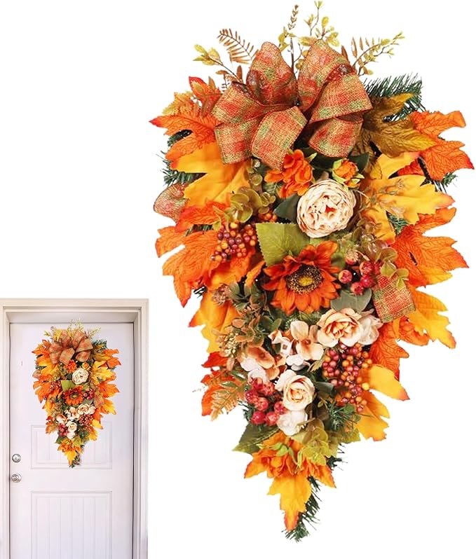 Fall Swag for Front Door – Maple Berry Teardrop Arrangement, Harvest Holiday Garland, Seasonal Ornament for Porch, Entryway, Lobby, Window Display, Mantel Decoration, Festival Celebration