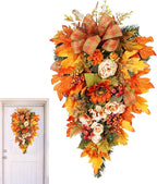 Fall Swag for Front Door – Maple Berry Teardrop Arrangement, Harvest Holiday Garland, Seasonal Ornament for Porch, Entryway, Lobby, Window Display, Mantel Decoration, Festival Celebration