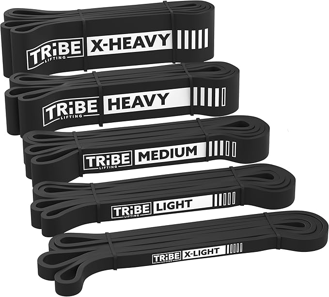 Tribe Lifting Resistance Bands for Working Out Men and Women - Set of 5 Pull Up Bands for Strength Training, Exercise Bands with Handles, Door Anchor and Bar Options for Home Gym
