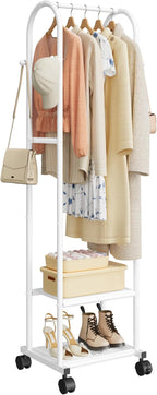 Heavy Duty Premium Clothes Rack with 2-Tier Mesh Shoe Shelves & 4 Hooks, Lockable Wheels, Space-Saving, Multi-Functional for Bedroom, Entryway, Closet, Modern Design, 18.4" x 12.6" x 72", White