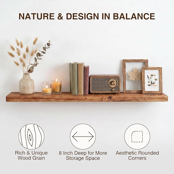 48 Inch Floating Shelves, Solid Wood Wall Shelves, 8 Inch Deep Floating Shelf – for Bathroom, Bedroom, Living Room, Kitchen, Home Decor & Storage, Heavy-Duty Wooden Shelf Wall-Mounted, Set of 1
