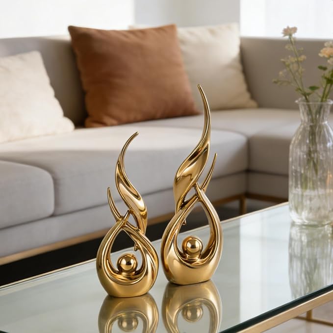 2 PCS Gold Ceramic Statues for Home Decor Accents, Modern Abstract Art Sculptures, Elegant Tabletop Decorative Objects for Dining Room, Entryway, Tv Stand, Mantel, Coffee Table Centerpieces