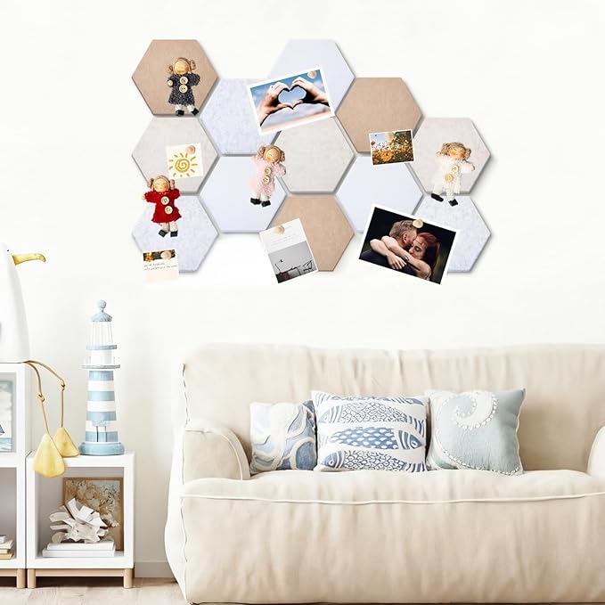 Mindsoft 16 Pcs Hexagon Cork Board for Walls with 50 Wooden Push Pins 12x10 in Felt DIY Tiles Notice with Nano Tape Hanging Bulletin Board for Home Photo Office Memo Note(Retro)
