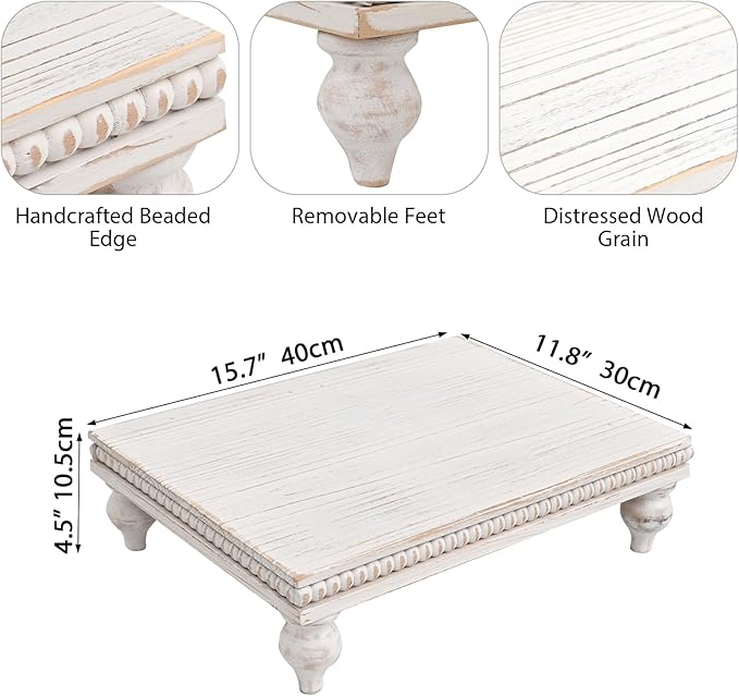 SwallowLiving Farmhouse Wood Riser for Display Decorative, Rustic Shabby Chic Tray for Kitchen Counter, Coffee Bar Table, Dining Room, Wooden Rectangle Beaded Pedestal Stand for Food, White