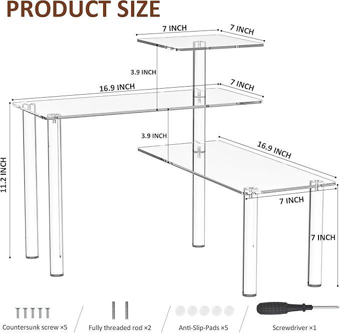 Sezanrpt Clear Countertop Corner Organizer Shelf 16.9x16.9x15.6 inch, 3 Tier Acrylic Organizer Corner Shelf for Bathroom, Kitchen, Study Room, Spice Jars, Coffee Bar, Dresser Table, Books