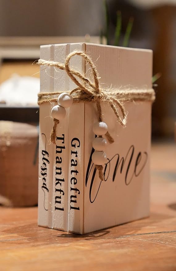 3 Pieces Wooden Decorative White Books, Rustic Farmhouse Faux Books for Coffee Table Shelves with Wood Bead Tassels and Leaves, 7'x 4.6'x 2.5' (Grateful, Thankful, Blessed)