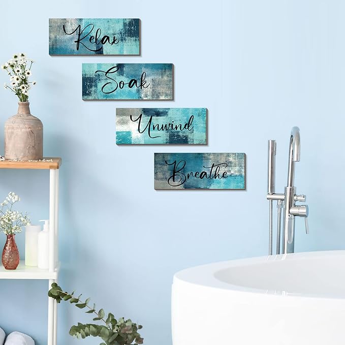 Maitys 4 Pcs Bathroom Wall Decor 10 x 4 Inch Bathroom Wall Art Contemporary Wood Restroom Pictures for Soak Unwind Relax Hanging Sign Spa Rustic Vintage Farmhouse Pediments(Turquoise and Grey)