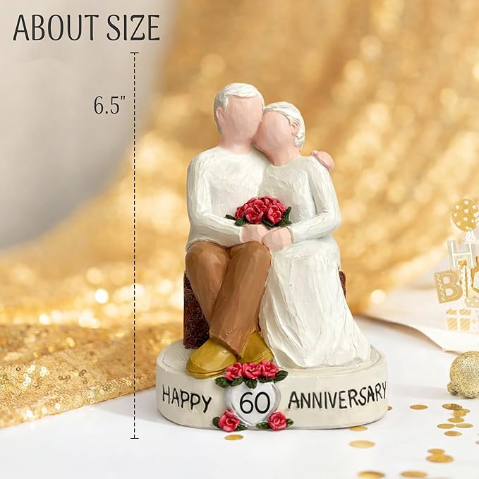 60th Wedding Anniversary Couple Figurine Gift for Parents, Happy 60th Anniversary Decoration, Diamond Wedding Keepsake Statue for Husband Wife, 60 Years Marriage Gift for Couple
