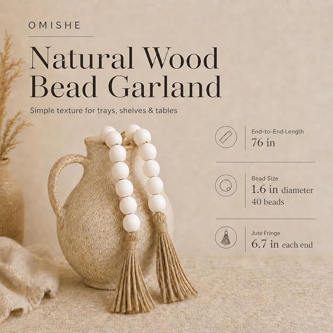 OMISHE 76" Long Extra Large Wood Bead Garland with 1.6" Diameter Wooden Beads and Tassels, Rustic Farmhouse Country Decorative Beads for Home Tiered Tray Decor, White
