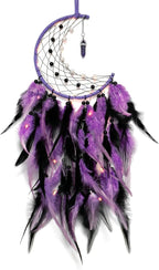 Dremisland Moon Dream Catcher with Fairy Lights-Handmade Colorful Feather Lucky Turquoise Pendant Beads Wall Hanging Ornament for Kids Bedroom Home Decoration,Art Craft Gift. (Purple&Black)