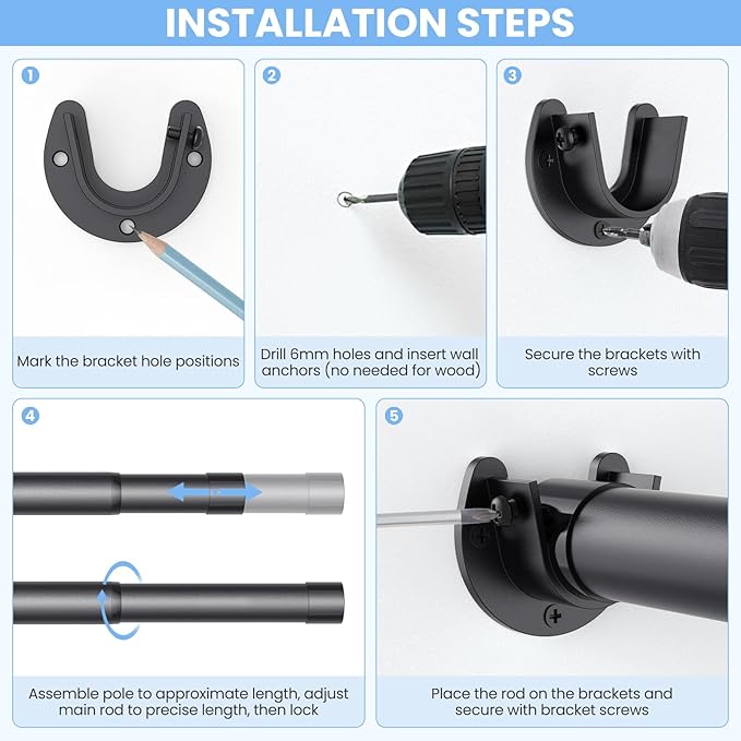 Closet Rods for Hanging Clothes, 17 to 39 Inch Stepless Adjustable Closet Rod, 1.3 Inch Diameter Metal Heavy Duty Closet Hanging Rod for Closet Wardrobes Laundry RV, Black