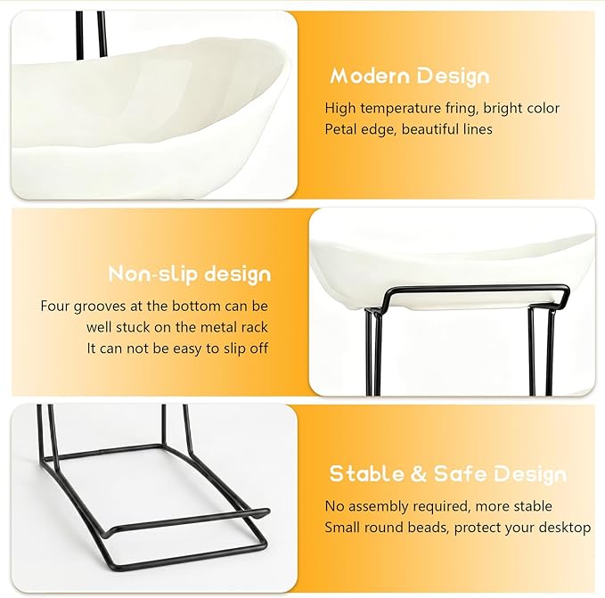 jessie 3 Tier Ceramic Fruit Basket for Kitchen Counter with Metal Stand, Fruit Bowls with Rack, Porcelain Bowls for Vegetable Bread Candy Snack Nuts Dessert Cake Tray