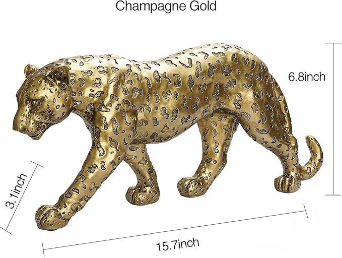 Cheetah Statue Home Decor Leopard Sculpture Resin Sitting Cheetah Figurine Desktop Table Top Ornament Decoration for Home Office-Gold Or Silver (Walking-Champagne Gold)
