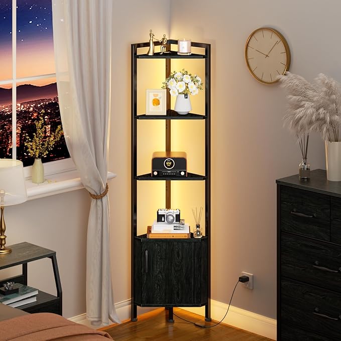 Furnulem Corner Shelf,5-Tier Corner Cabinet with Storage and LED Light, 62.8” Standing Display Bookshelf for Bedroom, Living Room, Kitchen, Wood Display Shelf (Black Oak) | with Storage