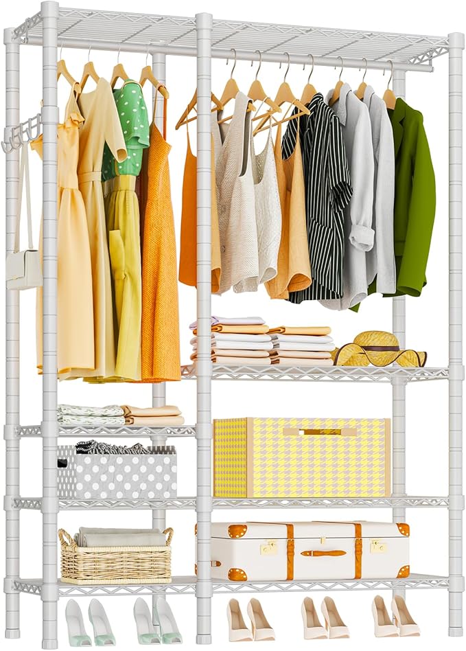 Heavy Duty Garment Rack, Metal Freestanding Closet Wardrobe Clothes Racks for Hanging Clothes, 4 Tiers Adjustable Wire Shelving, 44.9'' L x 16.5'' W x 76.8 '' H, Max Load 850LBS, White