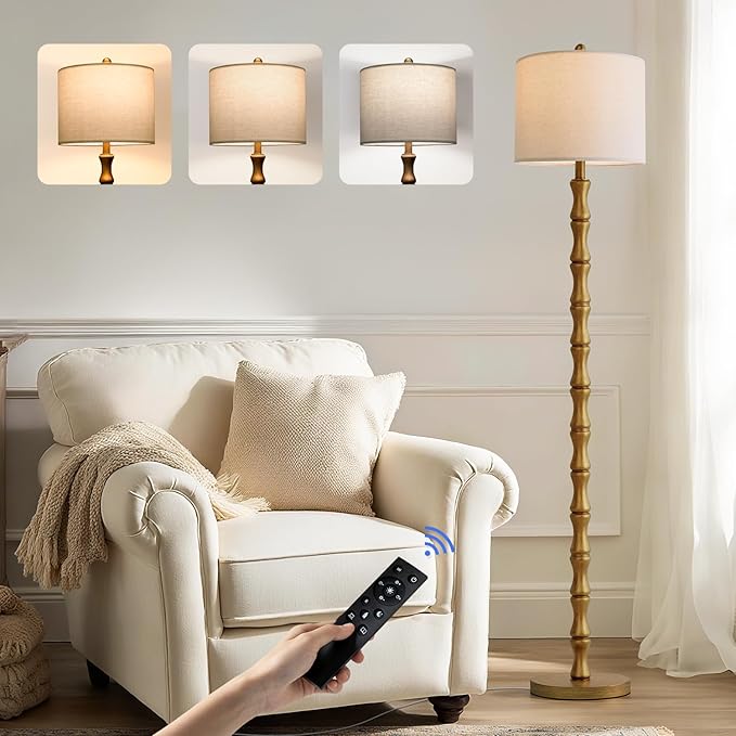 BOBOMOMO 62" Rustic Farmhouse Floor Lamp Antique Gold with Remote & Dimmable 9W Bulb, 3 Color Temperatures Resin Standing Lamp, Retro Tall Lamp for Living Room, Bedroom, Nursery, Office, Reading Nook