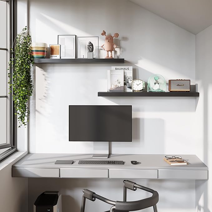 BAMEOS 47in Floating Shelves, Black Wall Mounted Wooden Shelves with Invisible Brackets Set of 2