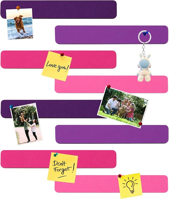 8Pcs Rectangle Felt Cork Board Bar Strips with 35 Pushpins, Self-Adhesive Bulletin Board Strips for Office School Home Wall Decor Stickers Memos Schedules Photos Display -Gradual Purple