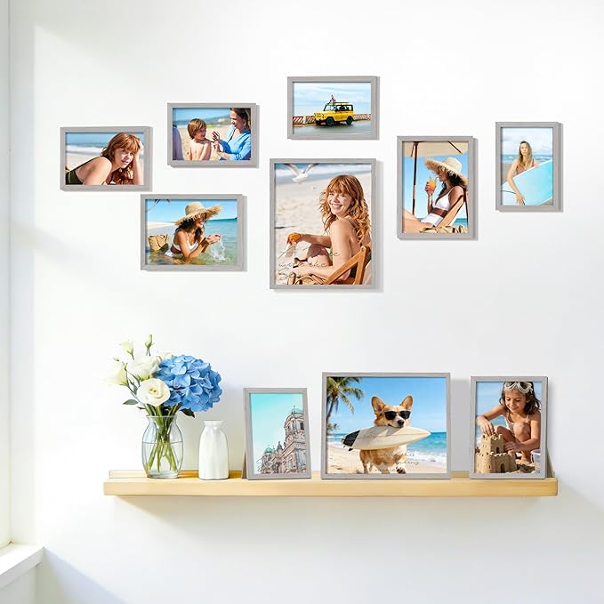 15 Pack Picture Frames Collage Wall Decor, Grey Frame Set with 3pcs 8x10, 6pcs 5x7, 6pcs 4x6 for Gallery Display, Wall Mounting & Tabletop, Bulk Photo Frames for Living Room Decor