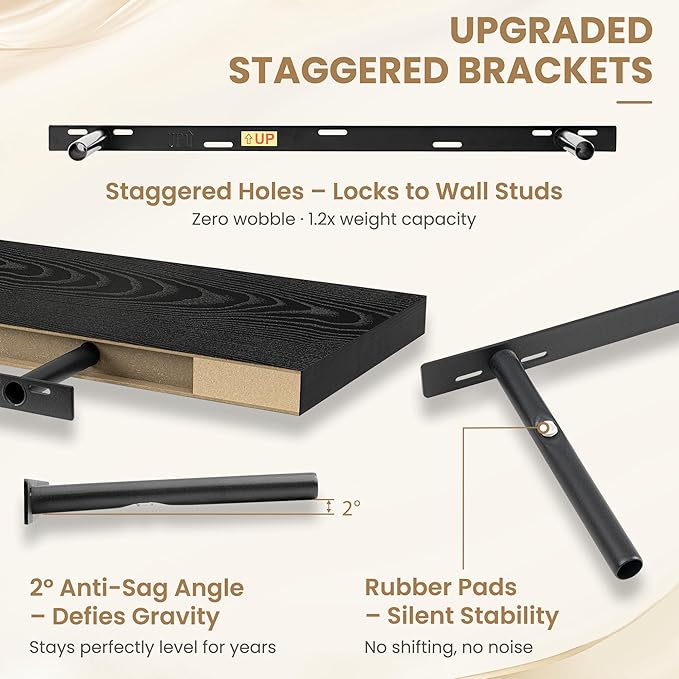 FLYJOE 36 Inch Long Floating Shelves for Wall Set of 2, 12" D Wood Grain Bathroom Shelves with Invisible Brackets, Easy Install Engineered Wood Storage Shelves for Kitchen, Living Room, Bedroom
