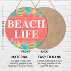 Beach House Sign Wall Decor, Summer Beach Hanging Sign Decor Farmhouse Wall Decorations Seashell Wood Sign for Front Door, Patio, Porch, Bathroom, Housewarming Gift for Beach House Home, Beach Life