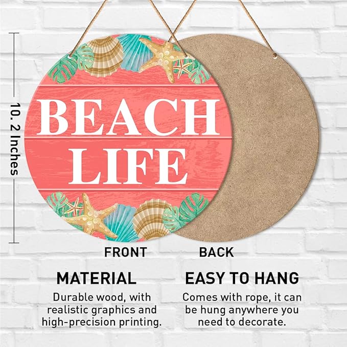 Beach House Sign Wall Decor, Summer Beach Hanging Sign Decor Farmhouse Wall Decorations Seashell Wood Sign for Front Door, Patio, Porch, Bathroom, Housewarming Gift for Beach House Home, Beach Life