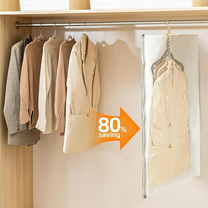 Hanging Vacuum Storage Bags – 4 Pack (2 Long, 2 Short) Hanging Vacuum Seal Bags for Clothing, Closet Organizer Space Saver for Suits, Jackets & Coats