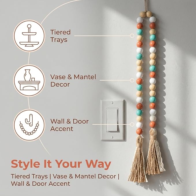 Wood Beads Garland with Tassels, 42.4in Farmhouse Rustic Style Colorful Wood Beads String, Large Antique Wooden Prayer, Boho Home Festival Decor Garland Rosary Rope