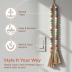 Wood Beads Garland with Tassels, 42.4in Farmhouse Rustic Style Colorful Wood Beads String, Large Antique Wooden Prayer, Boho Home Festival Decor Garland Rosary Rope