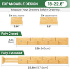 Bamboo Drawer Dividers - Adjustable Drawer Dividers for Clothes, Kitchen, Closet & Office - 8 Pack with Inserts, 18-22.6 Inches, Non-Slip Silicone Ends