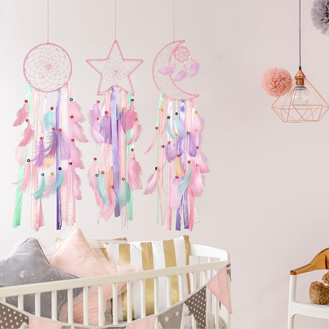 Jetec 3 Pcs Dream Catcher Moon Sun Star Design Handmade Traditional Design Craft Ornament Wall Art Hanging Home Decoration Bedroom Wedding(Pastel Color)