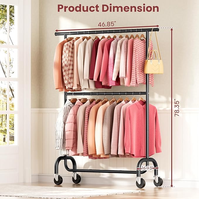Heavy Duty Clothes Rack Load 600 LBS, Rolling Clothing Rack for Hanging Clothes with Lockable Wheels, Double Rod Garment Rack for Bedroom, Laundry, Clothing Store, Black