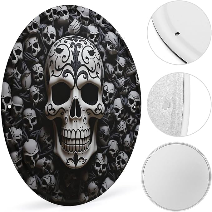 Wall Picture, with Black and White Skulls Printed Circular Iron Hanging Picture,Wall Art Decor,Home for Bedroom Living Room Bathroom Decor,Iron Painting 11.8X11.8 in