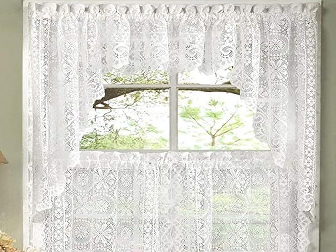 Sweet Home Collection Old World Style Floral Heavy Lace Kitchen Curtain Swag Pair, Hopewell White