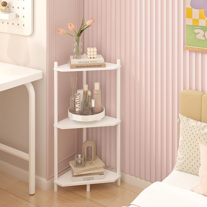 Wisuce Corner Shelf Stand - 3 Tier Bamboo Small Corner Bookshelf for Office Kitchen Bedroom Plant Stand Living Room Decor Small Space (White)