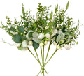 vivimemo 6 Pcs Summer Green Stems, 18 inch Artificial Eucalyptus Stem with White Florals for Home, Party & Wedding Decor Green Picks for Table Fireplace Vase DIY Wreath Decor