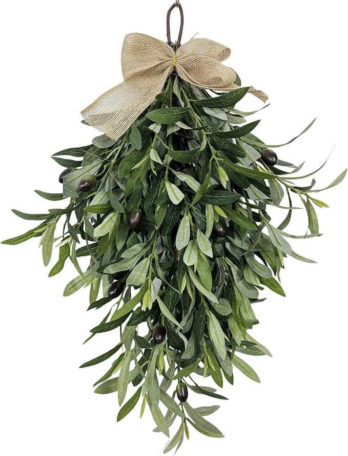 Artificial Olive Branch Swag with Burlap Bow, Green Hanging Teardrop Wreath for Door, Window, Holiday Decor