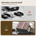 YATINEY Vinyl Record Holder, Record Storage Rack Holds 80-100 LP，Wooden and Metal Record Organizer, Quick Assembly Magazine Holder Vinyl Record Display Stand for CDs, Magazine, Albums, Black CJ06BB