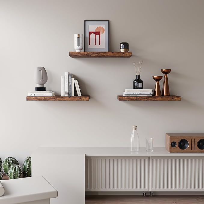 Upassion Floating Shelves for Wall Set of 3, 16" Rustic Brown Floating Shelves, Home Decor, Frame Display Wall Shelf for Bedroom, Kitchen, Bathroom, Living Room