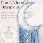 Boho Macrame Woven Wall Hanging, Crochet Crescent Moon Star Dream Catcher with Light- Blue Cotton Handmade Bohemian Home Decor Decoration Art for Kids Bedroom Nursery Dorm Room