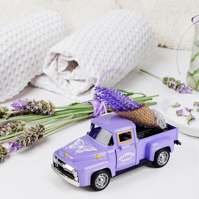 Lavender Truck Decor with Flowers, Purple Floral Pickup Truck with Butterfly, Rustic Farmhouse Tabletop Centerpiece, Spring Country Home Office Kitchen Tiered Tray Decor
