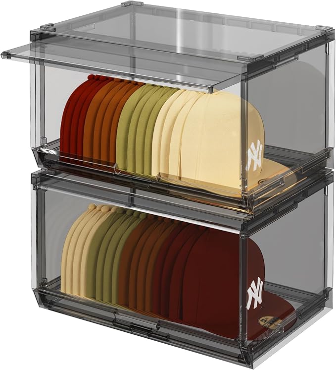 2 Pack Large Hat Organizer Box, Stackable Clear Baseball Caps Holder Box Containers with Sliding Door for Hats Snapback Cap Storag, Hat Rack Display Case, Holds 20 Hats Each -Black