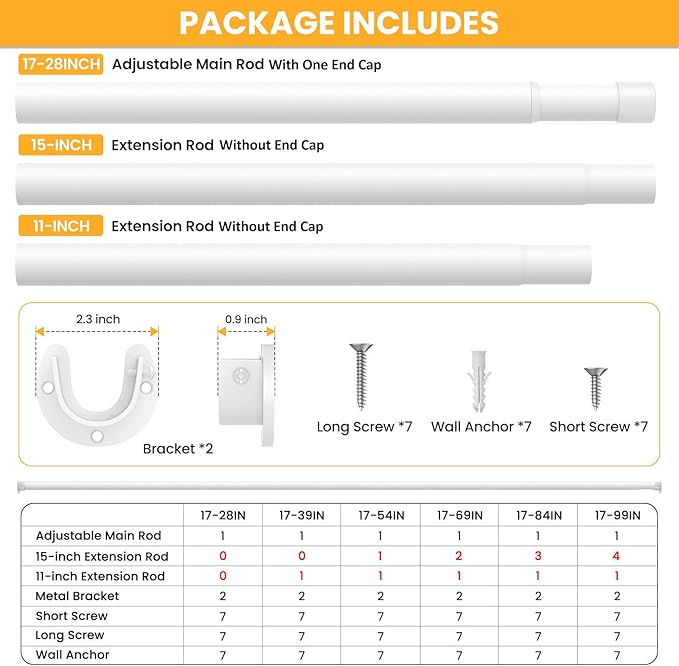 Closet Rods for Hanging Clothes, 17-69 Inch No-Cut Stepless Adjustable Closet Rod, 1.3 Inch Heavy Duty Metal Closet Hanging Rod with Brackets, White Closet Bar for Closet, Laundry Room, RV, Wardrobes