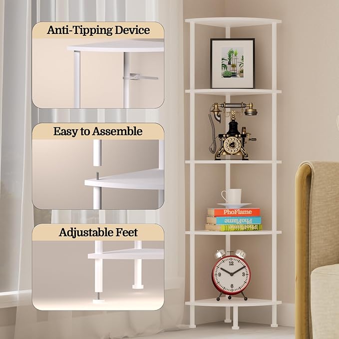 5-Tier Corner Shelf Stand, 52" Industrial Corner Display Rack for Living Room, Bookshelf, Tall Display Shelf, Plant Stand, Storage Standing Shelf for Bedroom, Bathroom, Kitchen, White