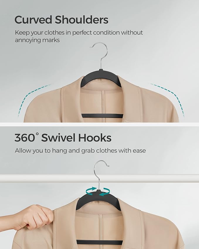SONGMICS Velvet Hangers 50 Pack, Non-Slip Clothes Hangers, with Shoulder Notches, Pants Bar, 360° Swivel Hook, Space-Saving, for Closet, Ink Black UCRF029B05