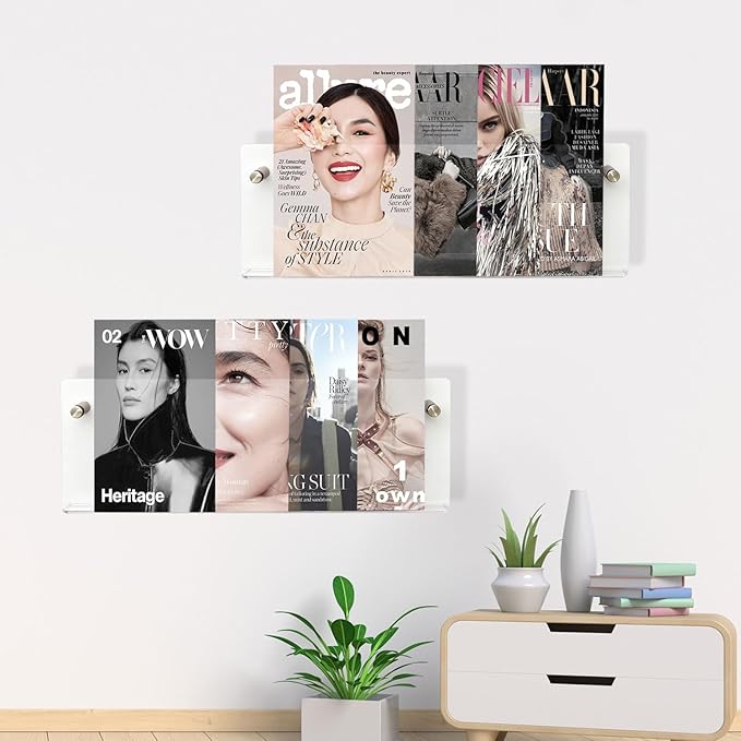2-Pack 17 Inch Clear Acrylic Magazine Holder, Sleek Wall Mounted Brochure Rack & Floating Bookshelf, Modern Invisible Magazine Display for Office, Waiting Room, Living Room, Fashion Home Decor