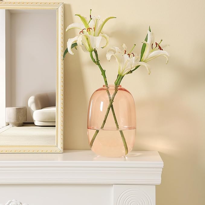 Pink Glass Vase, 10 Inches Large Glass Vase for Flowers, Tall Glass Vases for Modern Decor, Floor Vases for Living Room, Dining Table, Mantle, Shelf, Wedding, Office, Entryway, Centerpiece