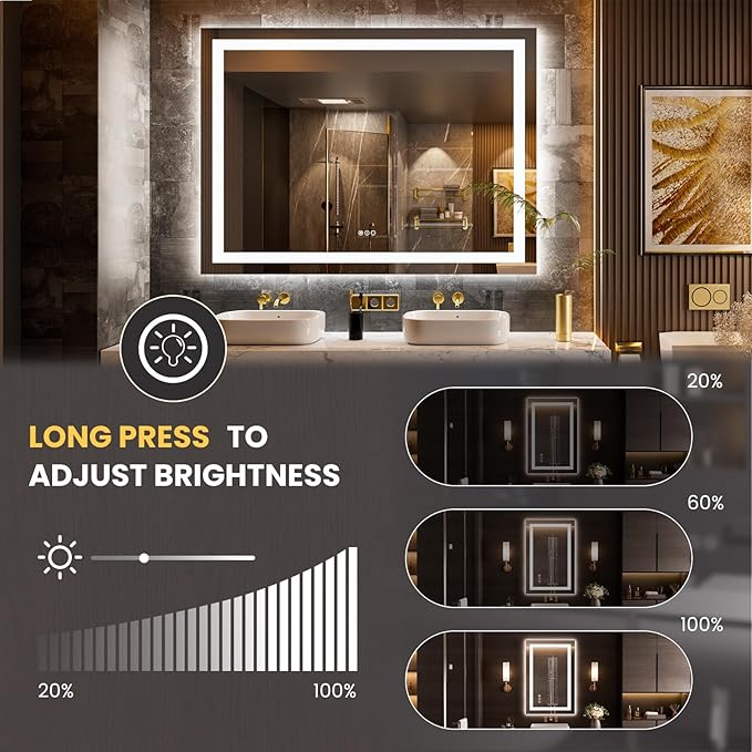 LOAAO 44"x60" LED Bathroom Mirror with Lights, Anti-Fog, Dimmable, Backlit + Front Lit, Lighted Bathroom Vanity Mirror for Wall, Memory Function